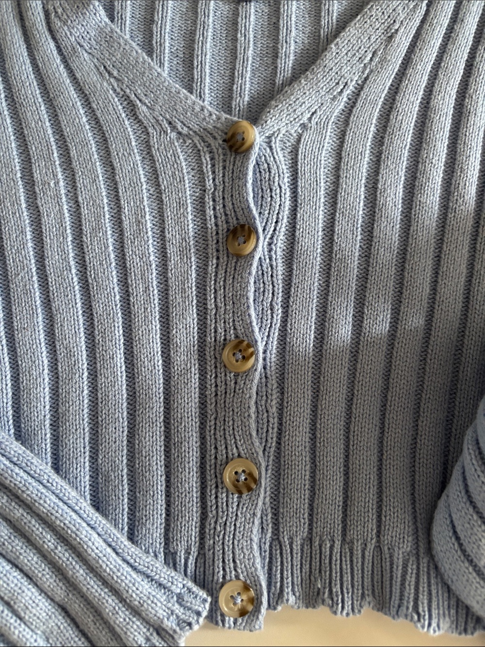2 Ribbed V-Neck Button Cardigan - Light Blue & Beige - Picture 6 of 10